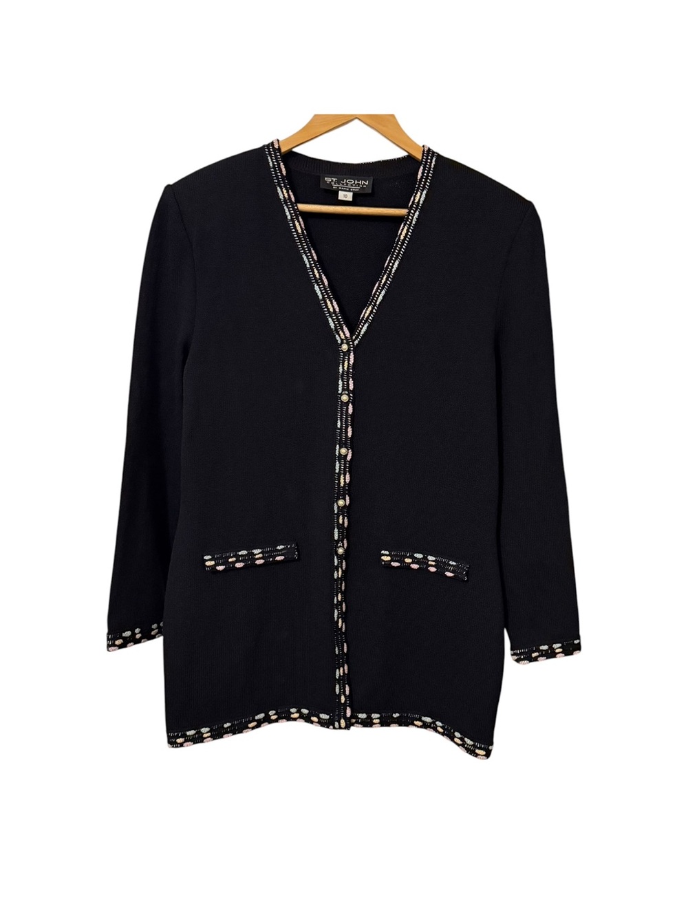 St. John Collection Santana Knit Jacket Cardigan Size 10 Black Multi Color Trim